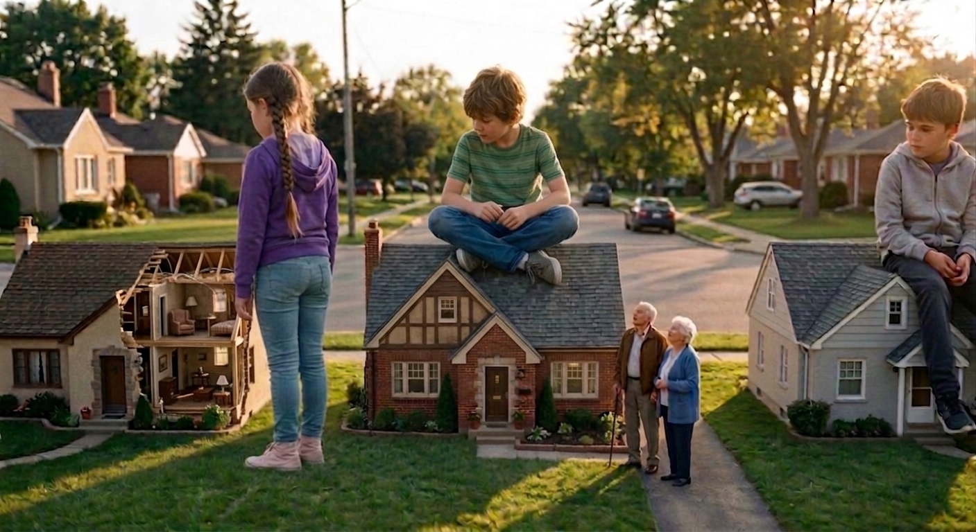Grandparents standing outside their family home, with grandchildren perched on the neighbouring houses — one shown as a cutaway